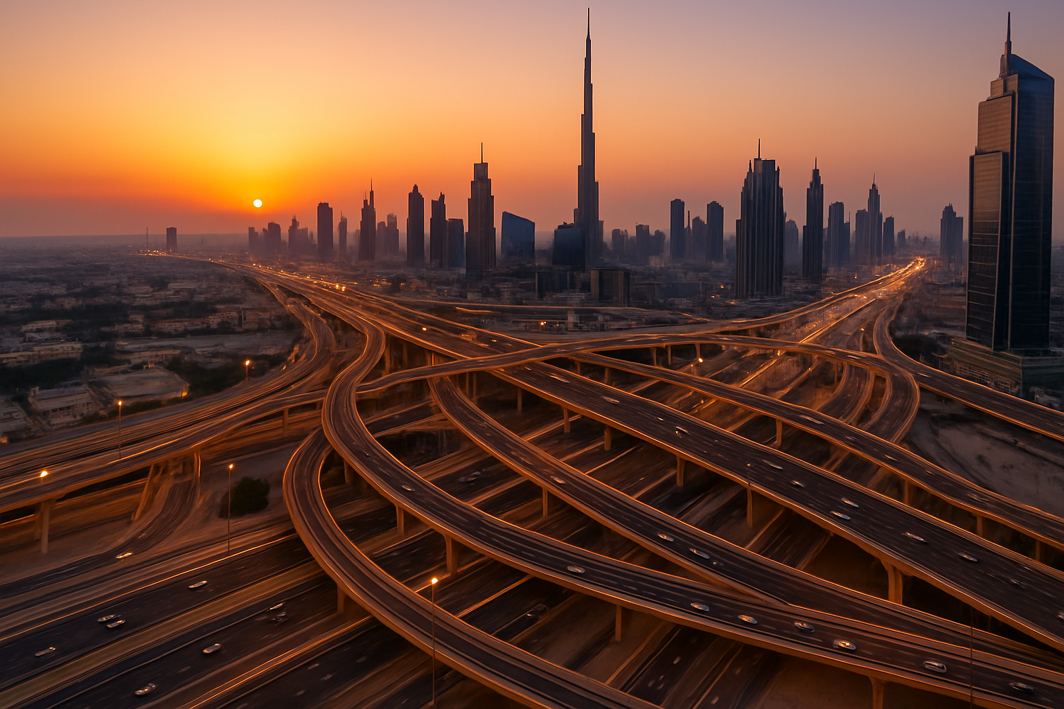 Aerial view of Dubai’s toll road network at sunset