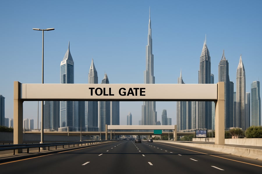 Dubai toll road with city skyline