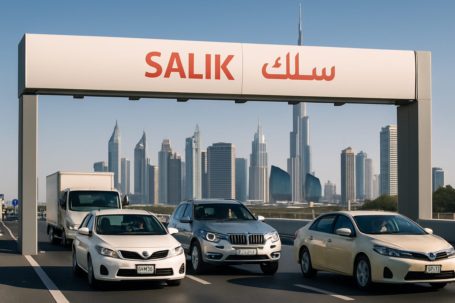 Vehicles passing through electronic toll collection in Dubai