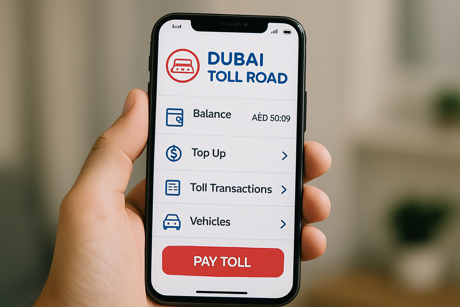 Mobile phone displaying Dubai toll road app